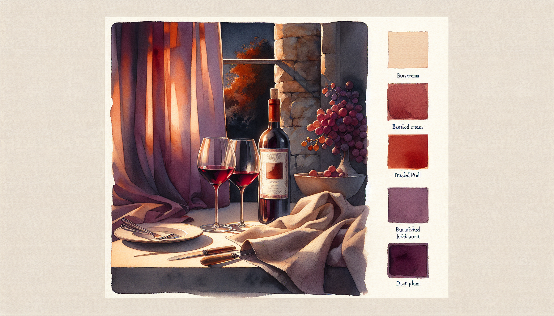 Watercolour illustration of a quiet evening table with a half-empty bottle of red wine, two stemmed glasses, a folded linen napkin, and warm low light from a window, in warm bone, burnished brick, dusk plum, and warm stone tones.